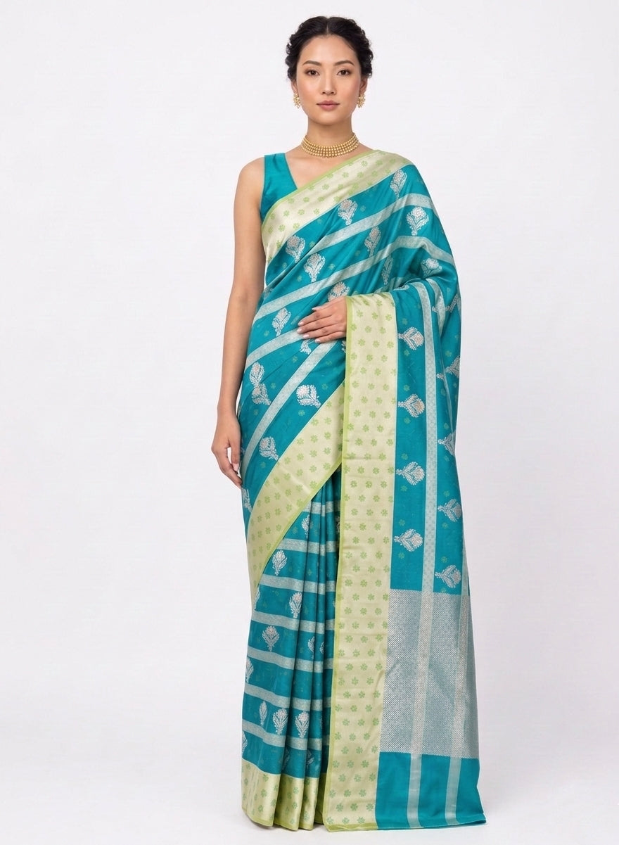 Teal Blue Handwoven Pure Kataan Silk Kadhua Buti Benarasi Saree