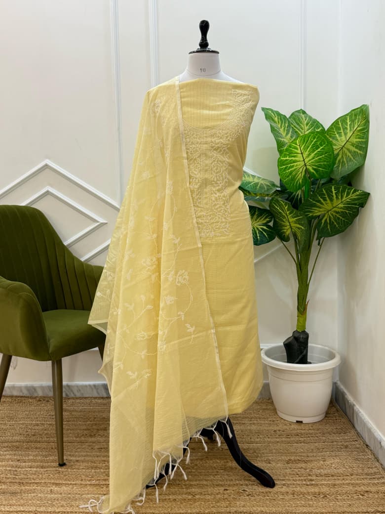 Light Yellow Kota Silk Embroidered Unstitched Suit Fabric
