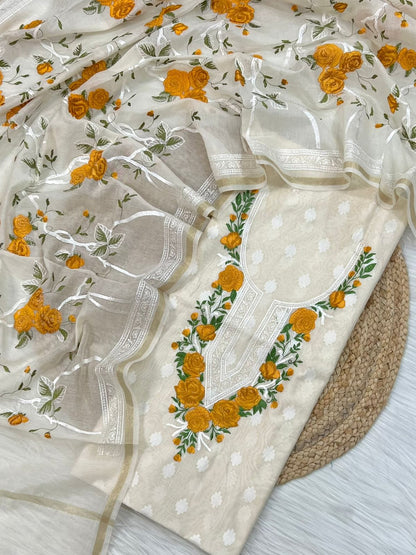 White Embroidered Yellow Threadwork Jacquard Suit Fabric with Kota Dupatta