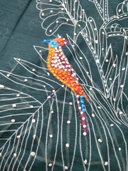 Green Mul Chanderi Silk Digital Print With Hand Embroidery Saree