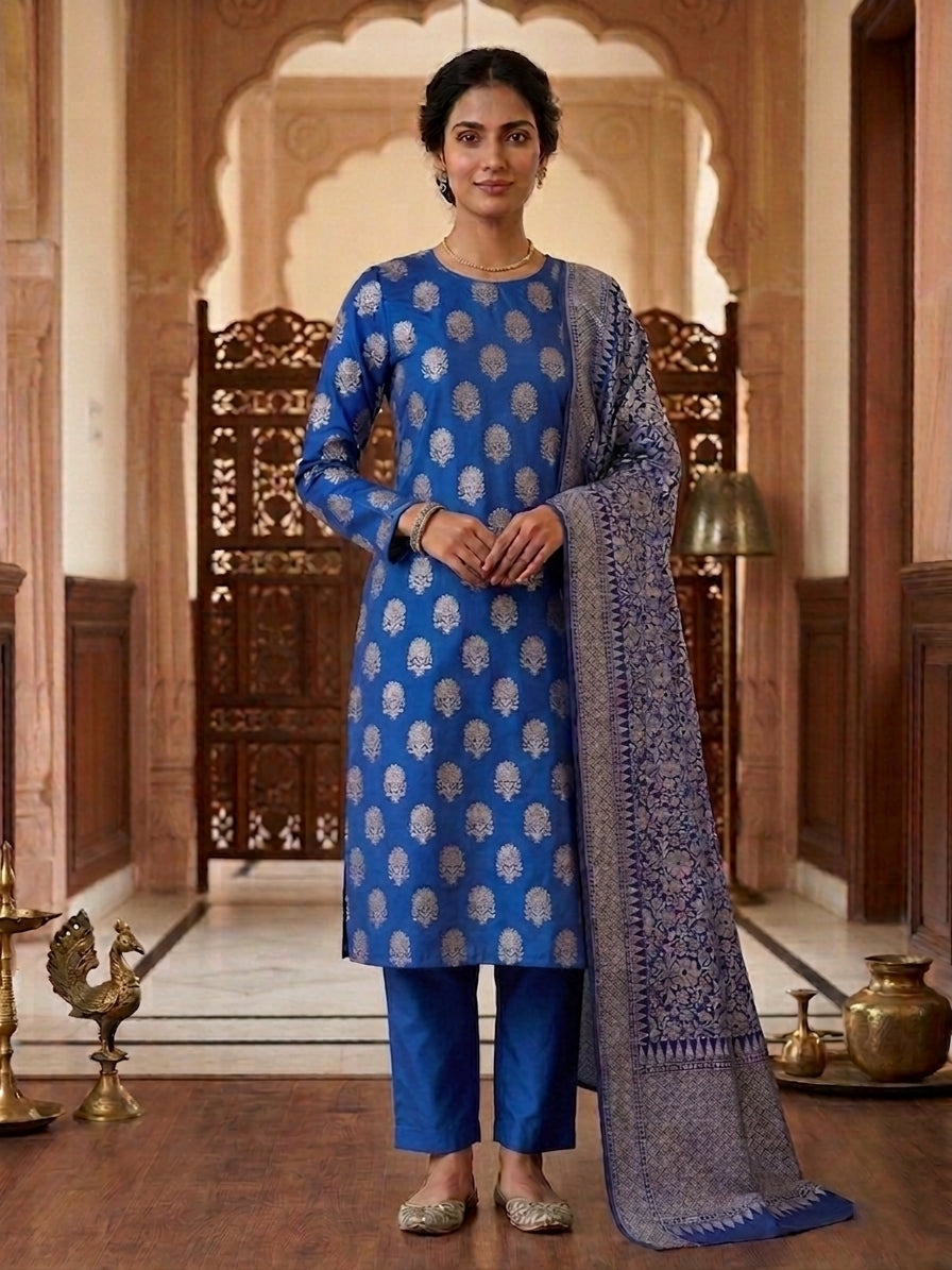 Blue Cotton Silk Banarsi Unstitched Suit Set