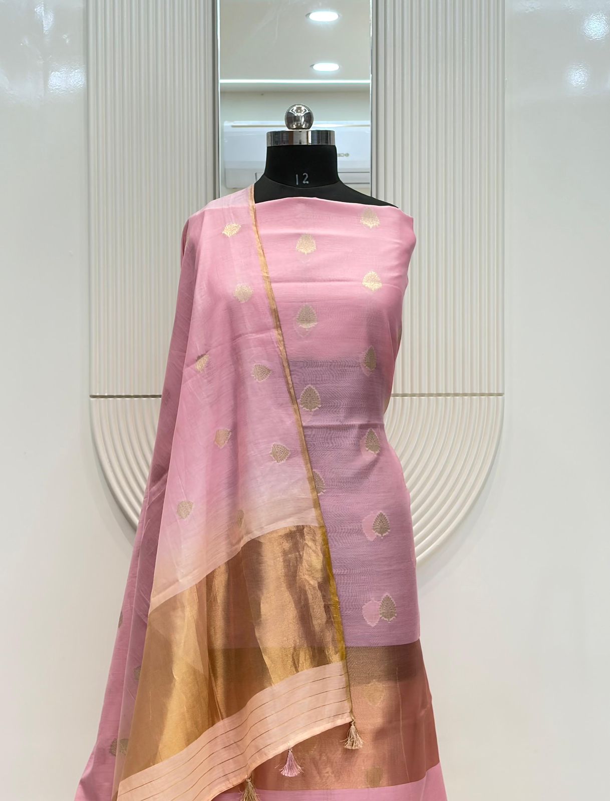 Pink Pure Chanderi Silk Zari Buti Suit Fabric