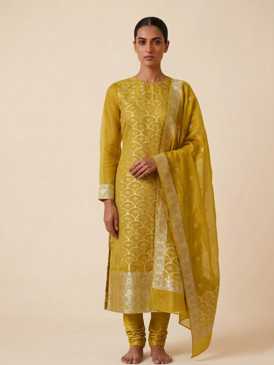 Mehendi Green Organza Banarasi Suit Set