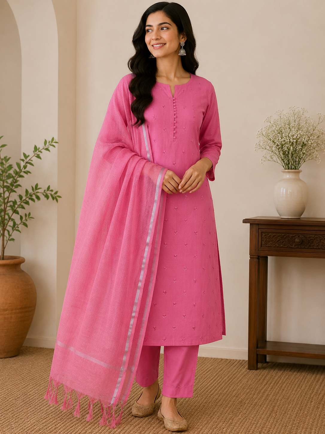Pink Embroidery Banarasi Cotton Suit Set