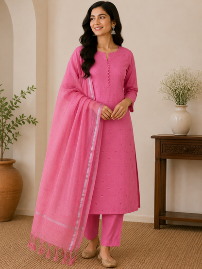 Pink Embroidery Banarasi Cotton Suit Set