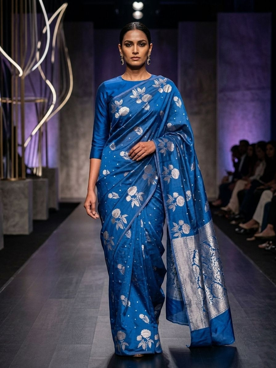 Blue Chiniya Silk Blended Banarasi Saree