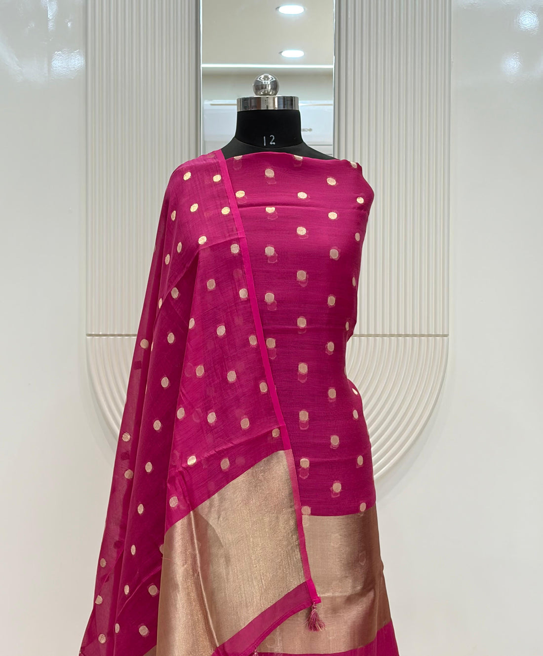 Rani Pink Mul Chanderi Silk Zari Buti Suit Fabric