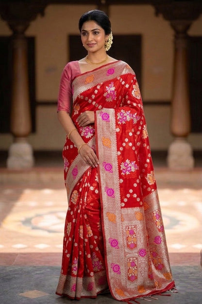 Red Floral Bunch Organza Banarasi Saree with Butis
