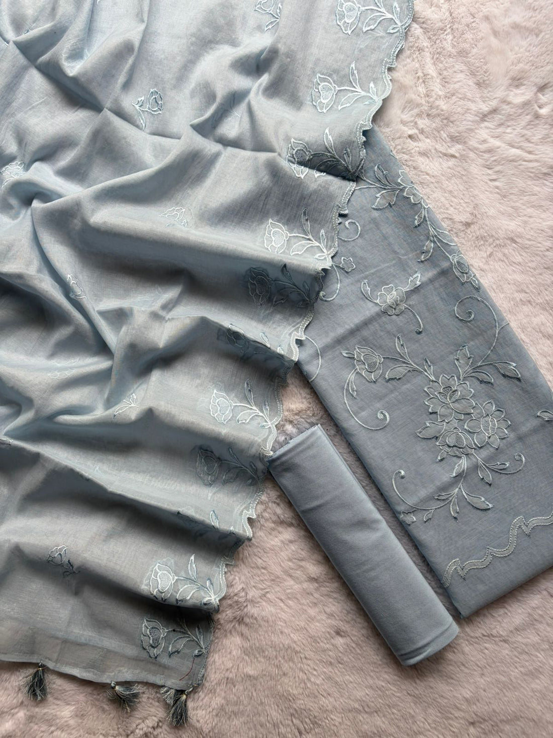 Gray Mul Cotton With Applique Work Suit Fabric