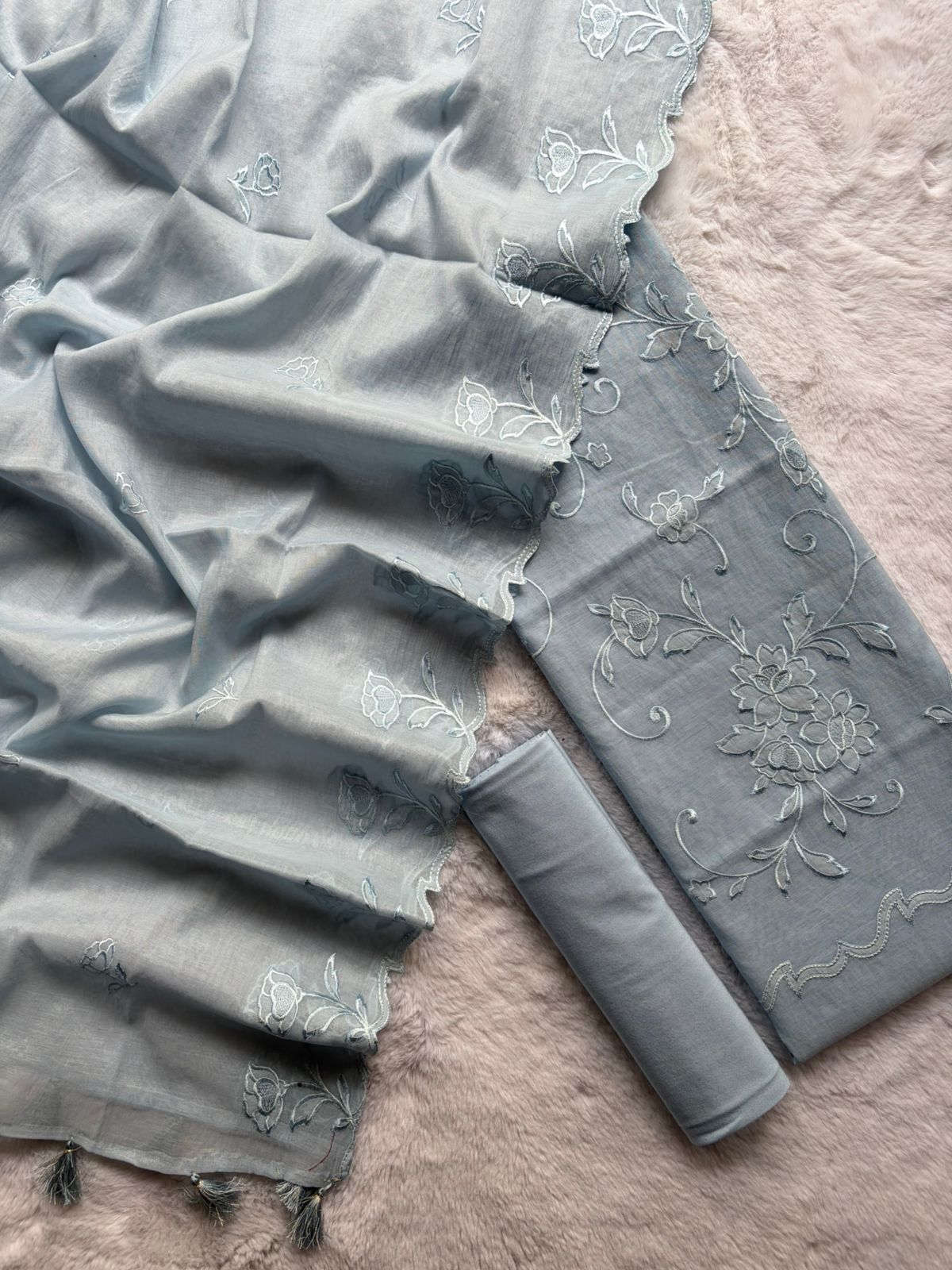 Gray Mul Cotton With Applique Work Suit Fabric