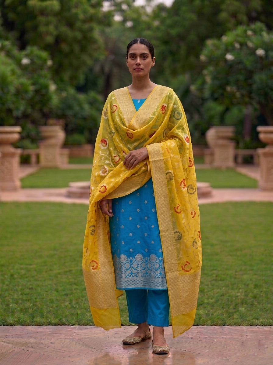 Blue Pure Munga Unstitched Banarasi Suit Set