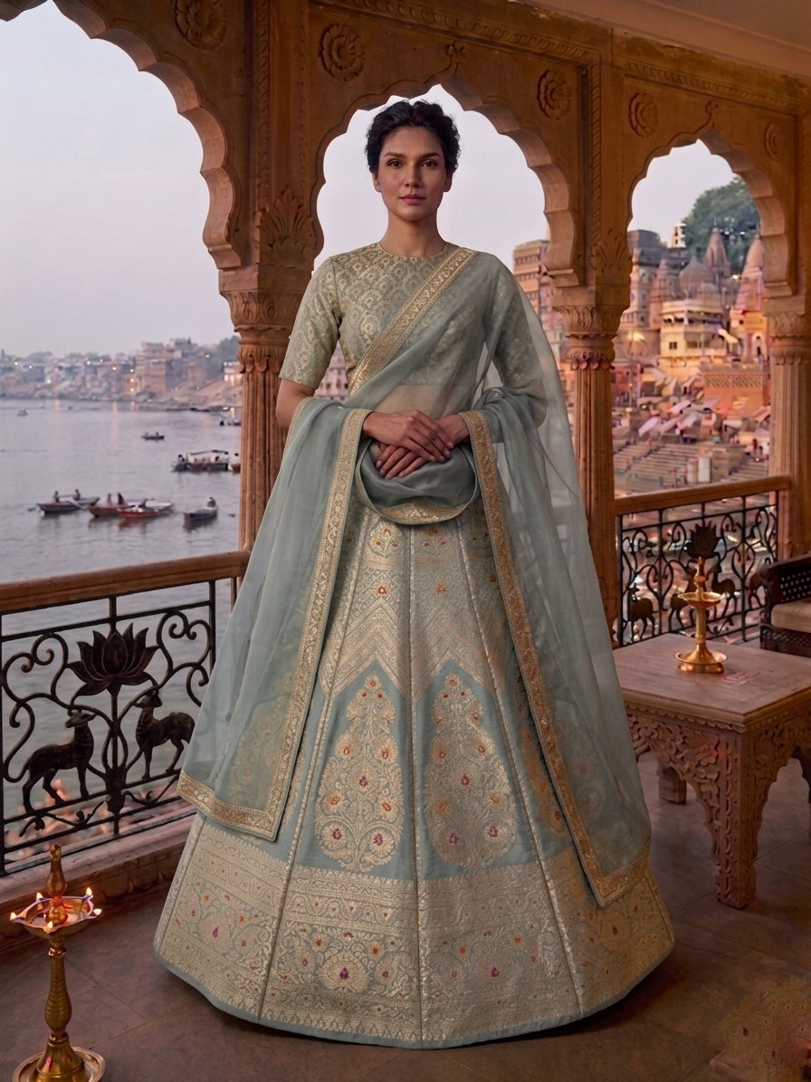 Anupama Light Blue Handwoven Pure Silk Banarasi Lehenga