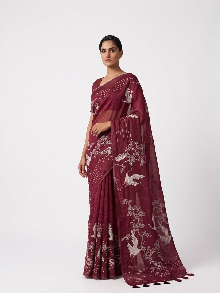 Red Mul Chanderi Silk Hand Embroidery Saree