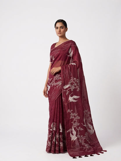 Red Mul Chanderi Silk Hand Embroidery Saree