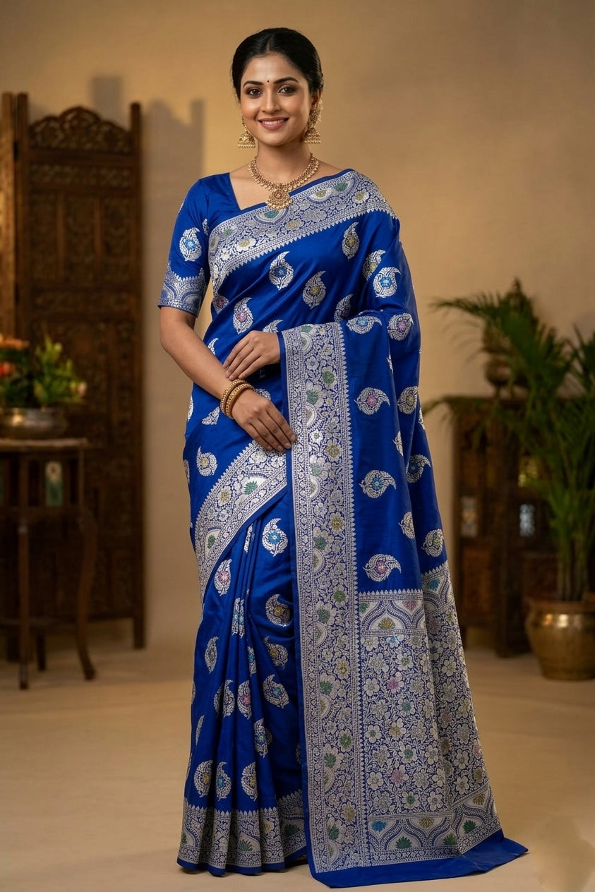 Navy Blue Butidar Banarasi Saree with Meenakari