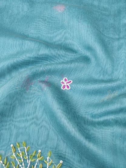 Rama Green Mul Chanderi Silk Digital Print With Embroidery Saree