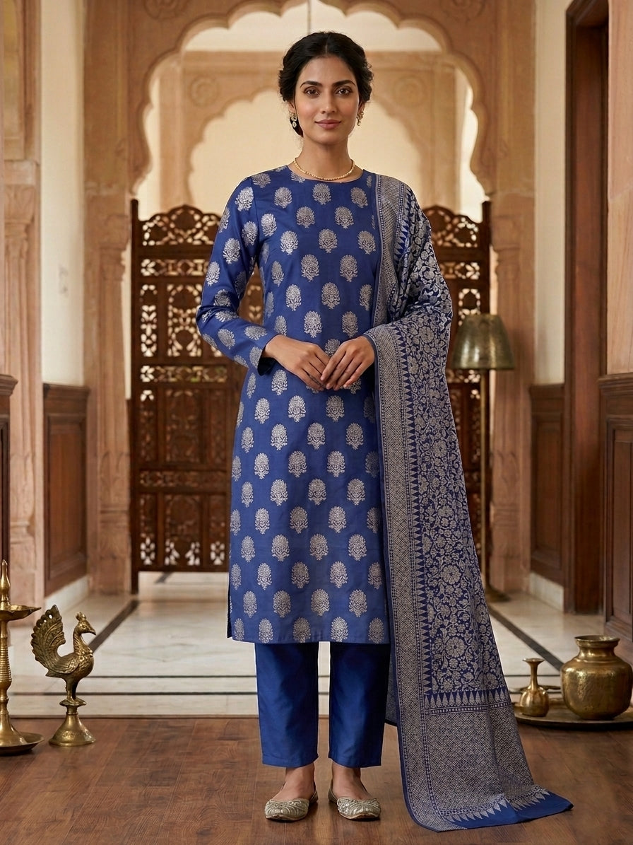 Navy Blue Cotton Silk Banarasi Unstitched Suit Set