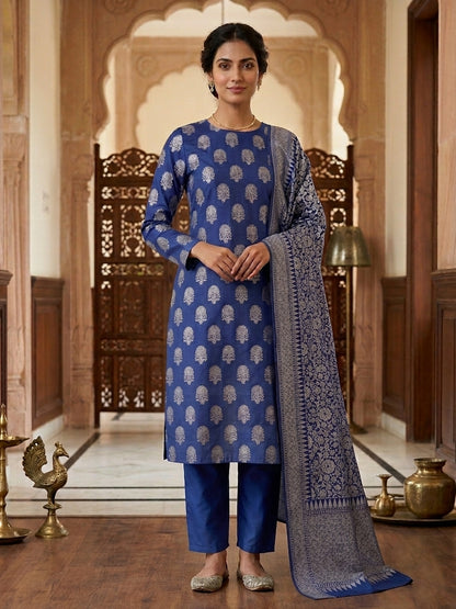 Navy Blue Cotton Silk Banarasi Unstitched Suit Set