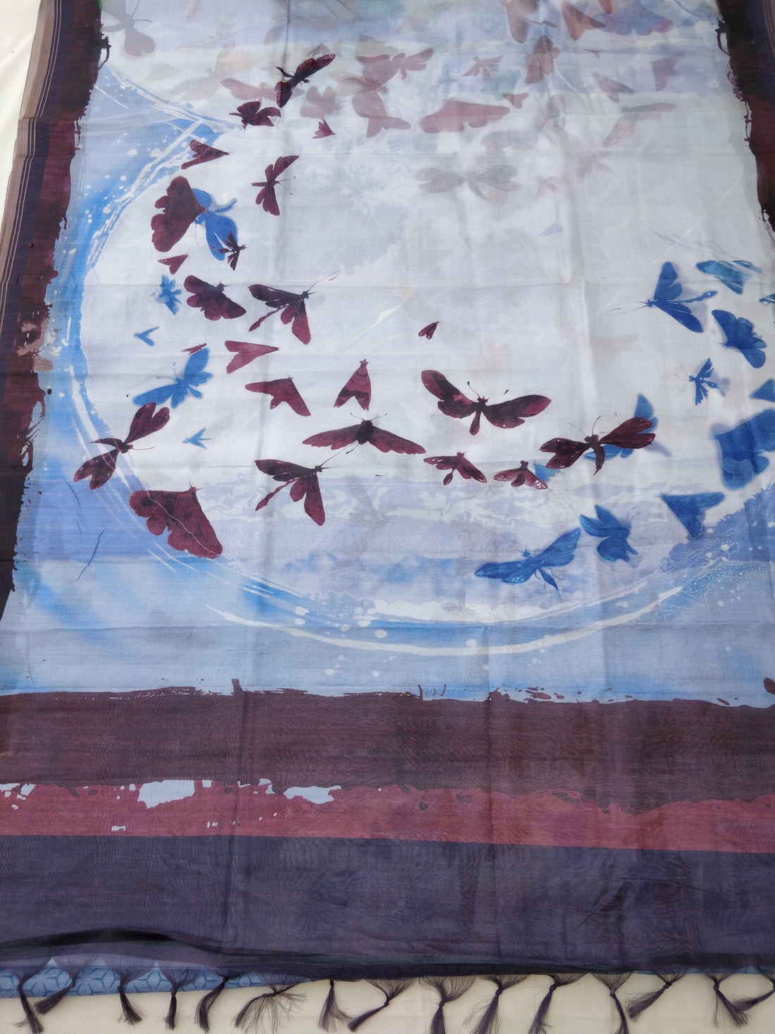 Sky Blue Organza Silk Butterfly Print Banarasi Saree