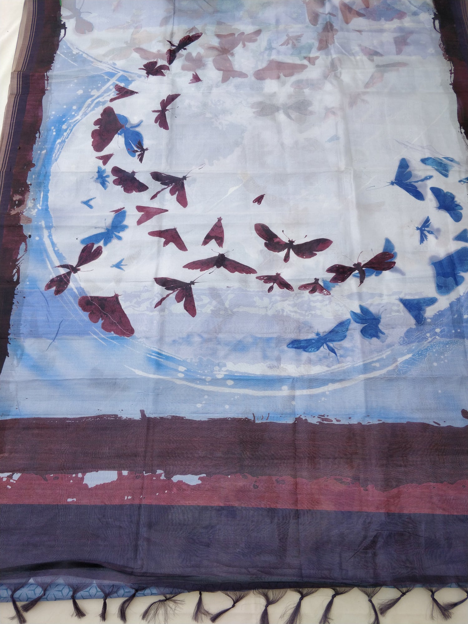 Sky Blue Organza Silk Butterfly Print Banarasi Saree
