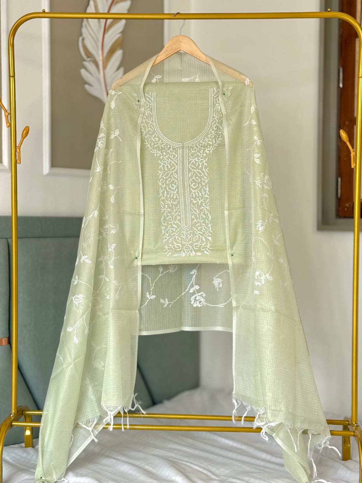 Pista Green Kota Silk Embroidered Unstitched Suit Fabric