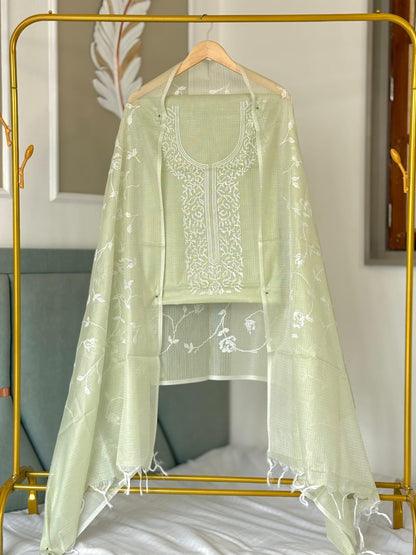 Pista Green Kota Silk Embroidered Unstitched Suit Fabric