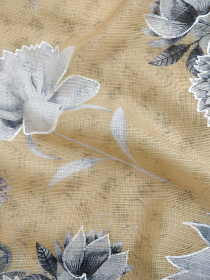Yellow Kota Floral Print With Embroidery Saree