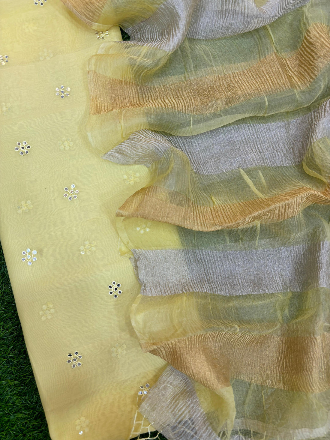 Yellow Mul Chanderi Silk Buti Suit Set