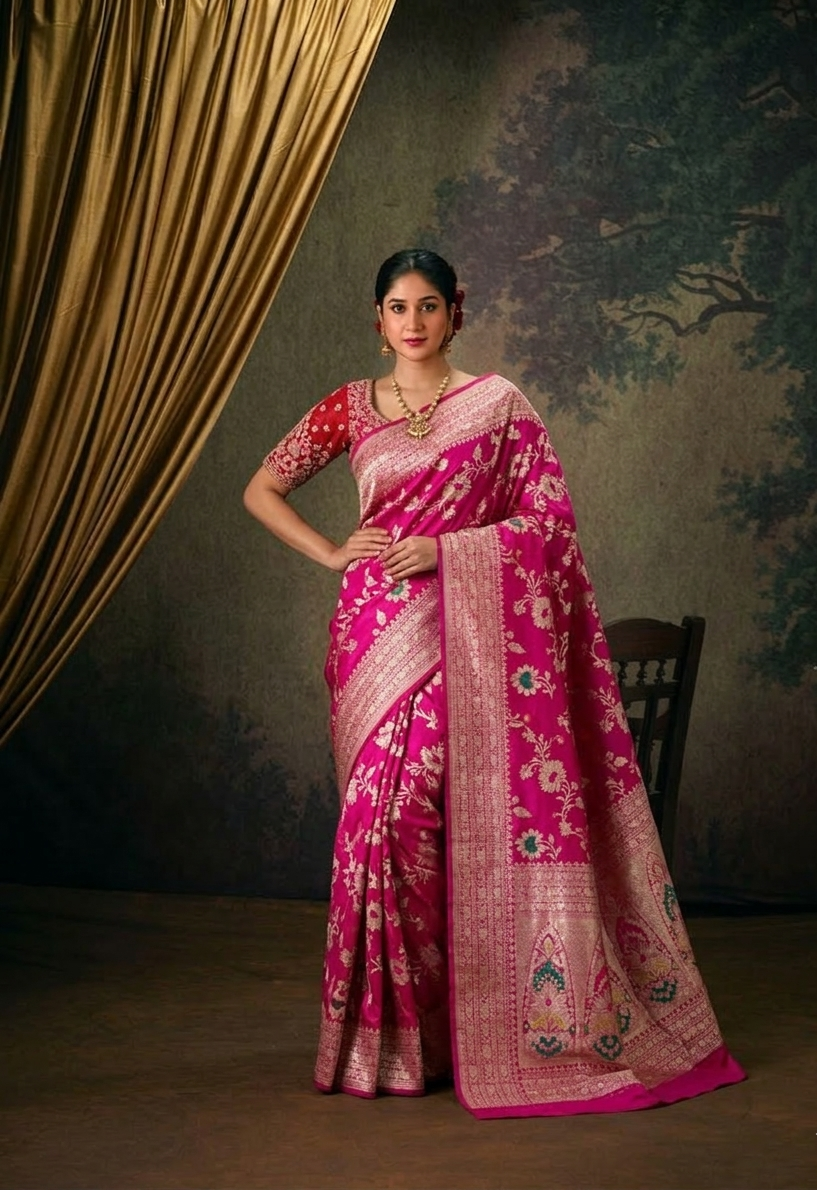 Pink Handwoven Banarasi Jangla Pure Silk Saree