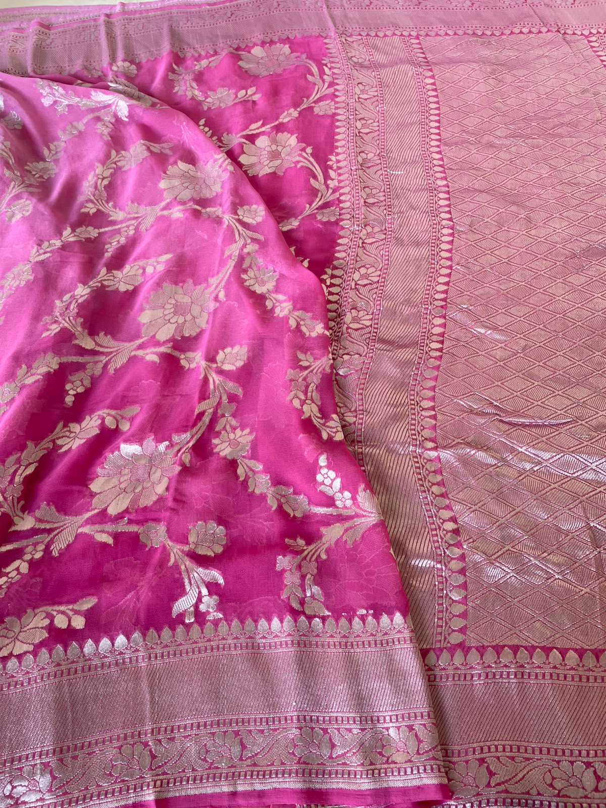 Pink Handwoven Pure Georgette Silk Jangla Banarasi Saree