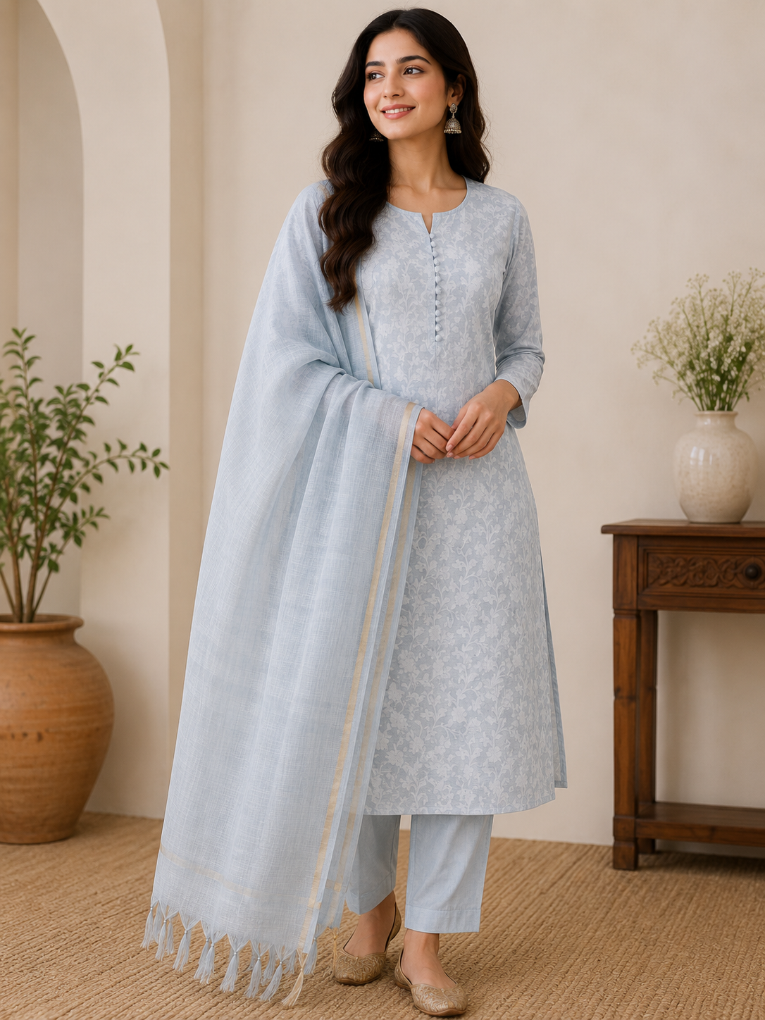 Blue Banarasi Cotton Suit Set