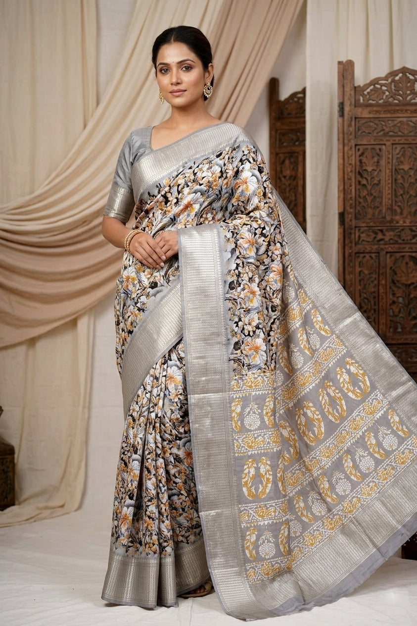 Beige Chanderi Cotton Floral Digital Print Banarasi Saree