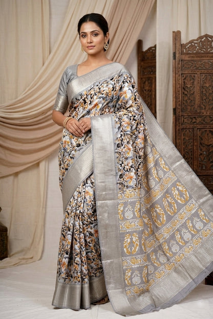 Beige Chanderi Cotton Floral Digital Print Banarasi Saree