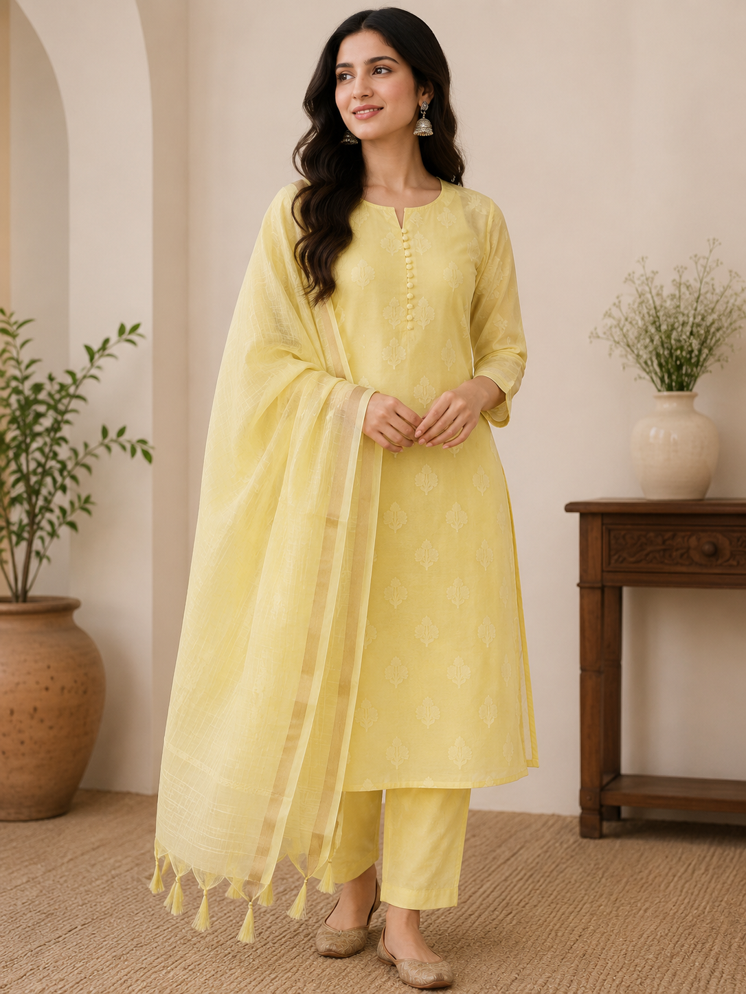 Yellow Banarasi Cotton Suit Set