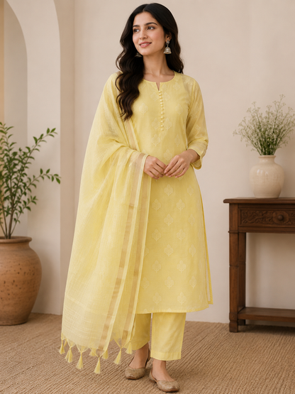 Yellow Banarasi Cotton Suit Set