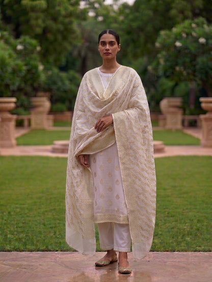 White Handwoven Georgette Banarasi Suit Set