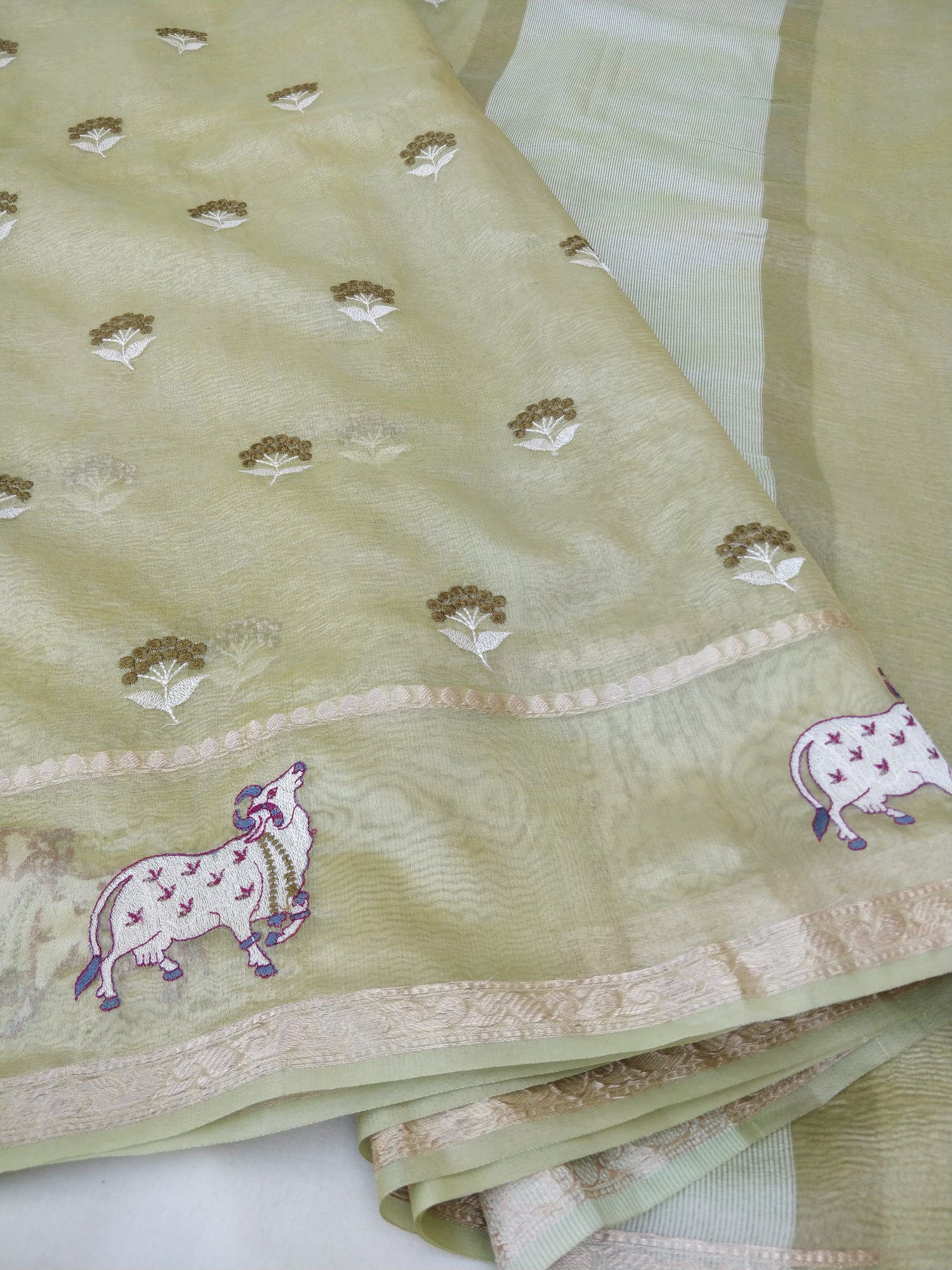 Green Tissue Silk Pichwai Saree With Embroidery