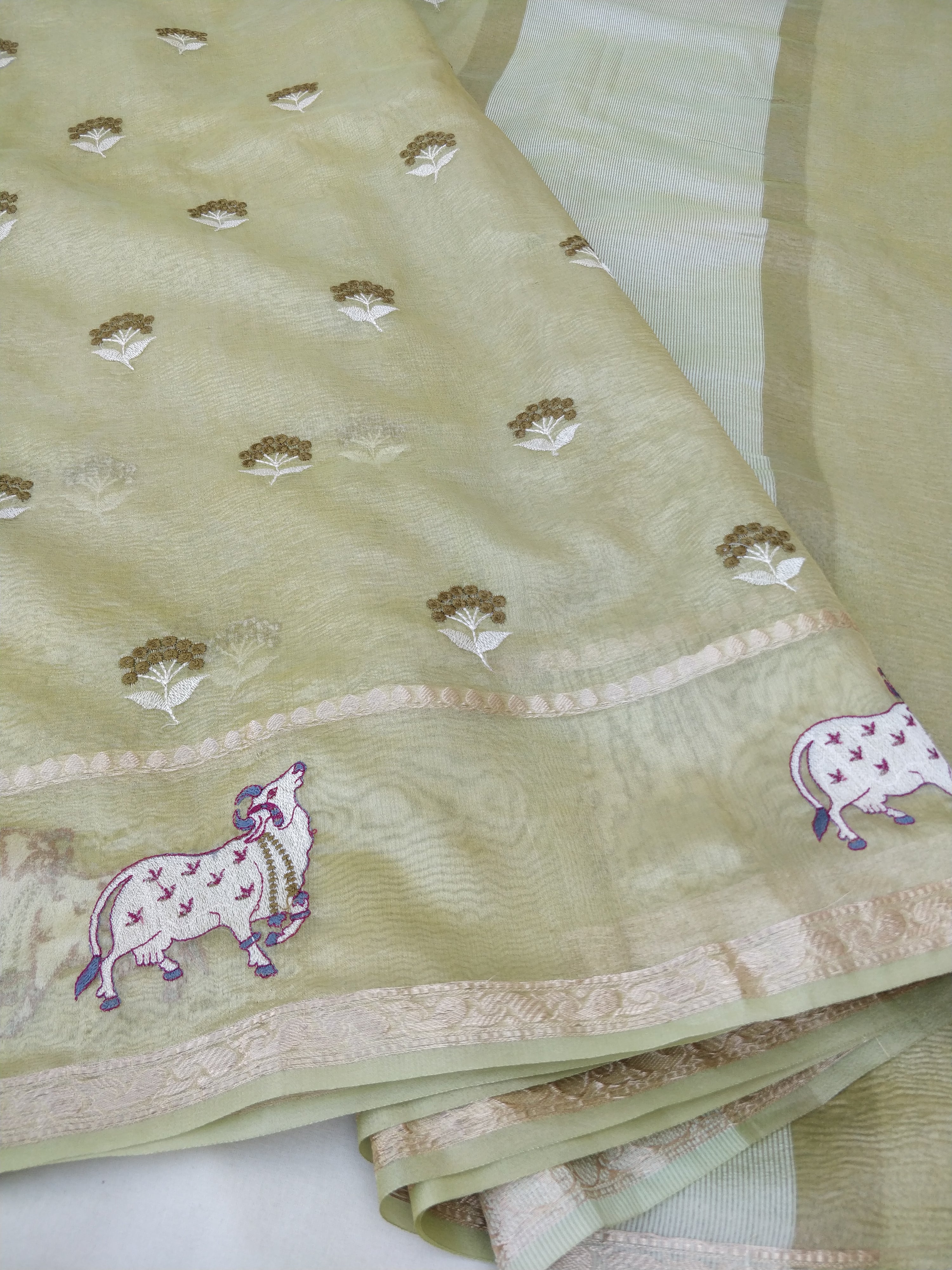 Green Tissue Silk Pichwai Saree With Embroidery