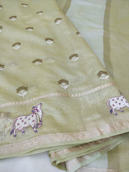 Green Tissue Silk Pichwai Saree With Embroidery