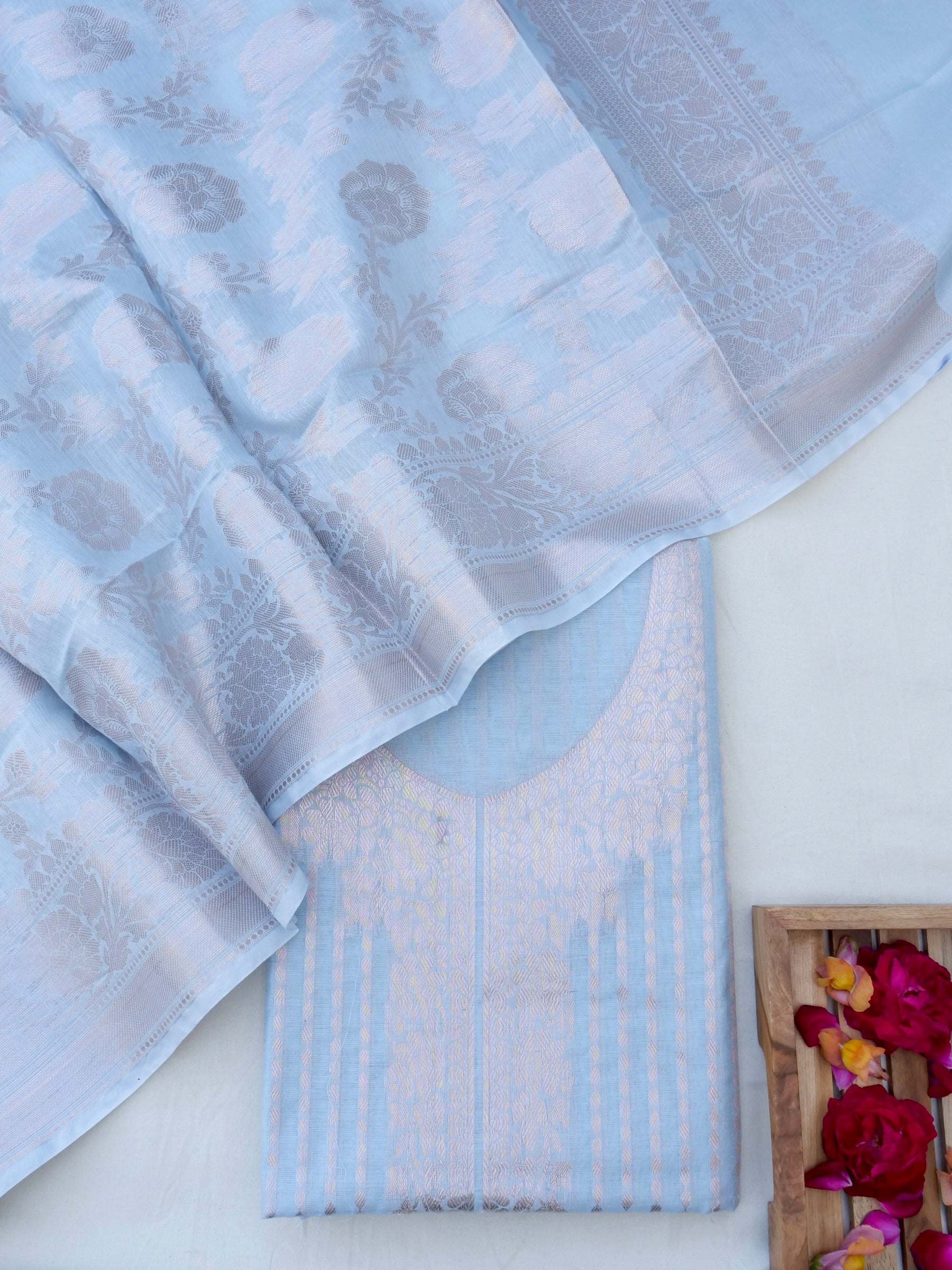 Grey Banarasi Cotton Unstitched Suit Set