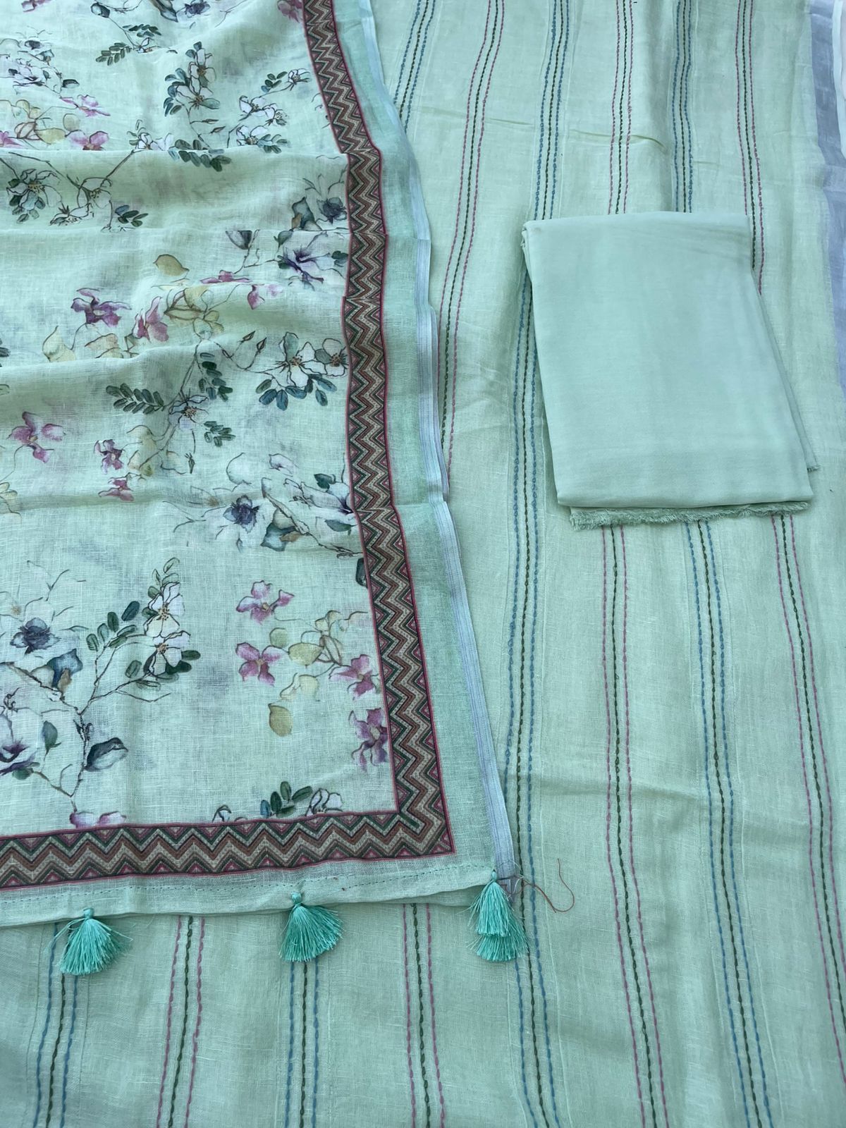 Pista Green Linen Silk Printed Unstitched Suit Fabric