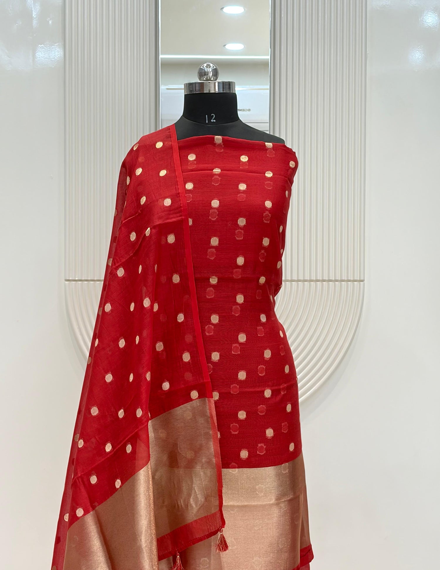 Red Mul Chanderi Silk Zari Buti Suit Fabric
