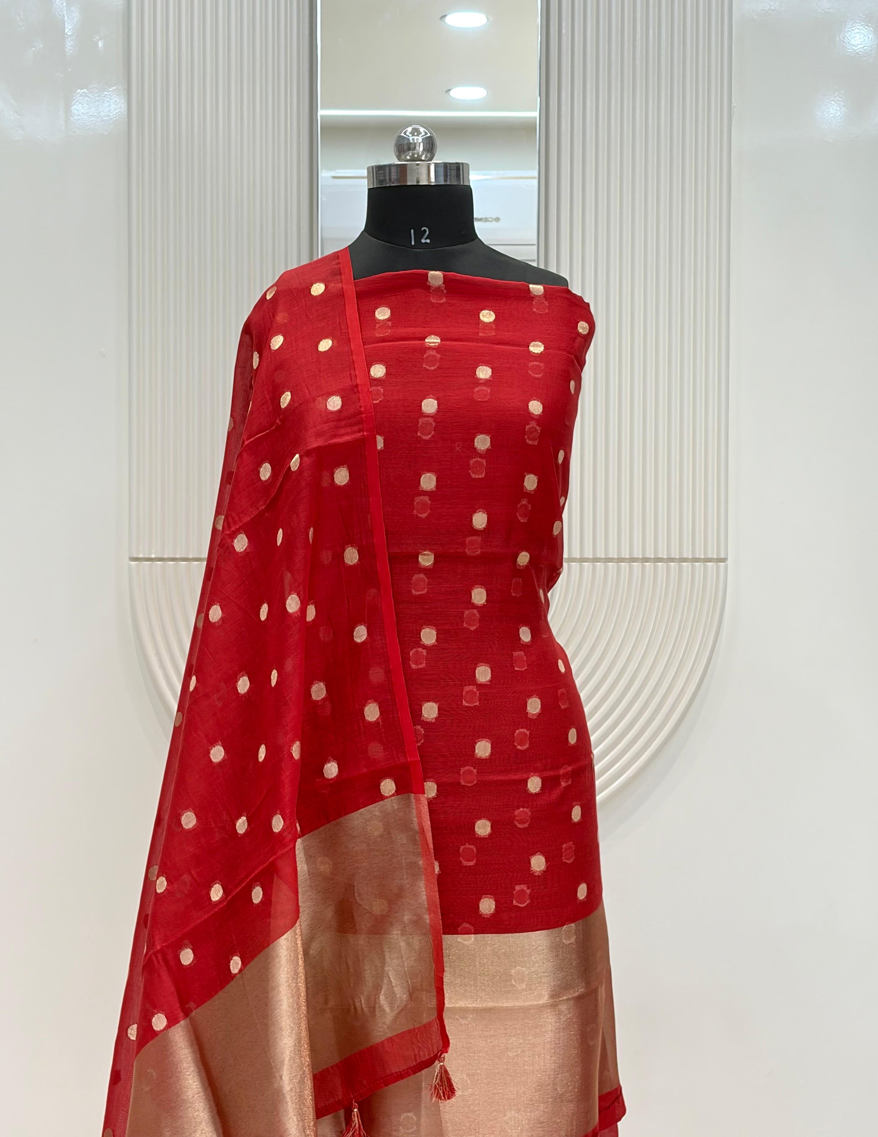 Red Mul Chanderi Silk Zari Buti Suit Fabric