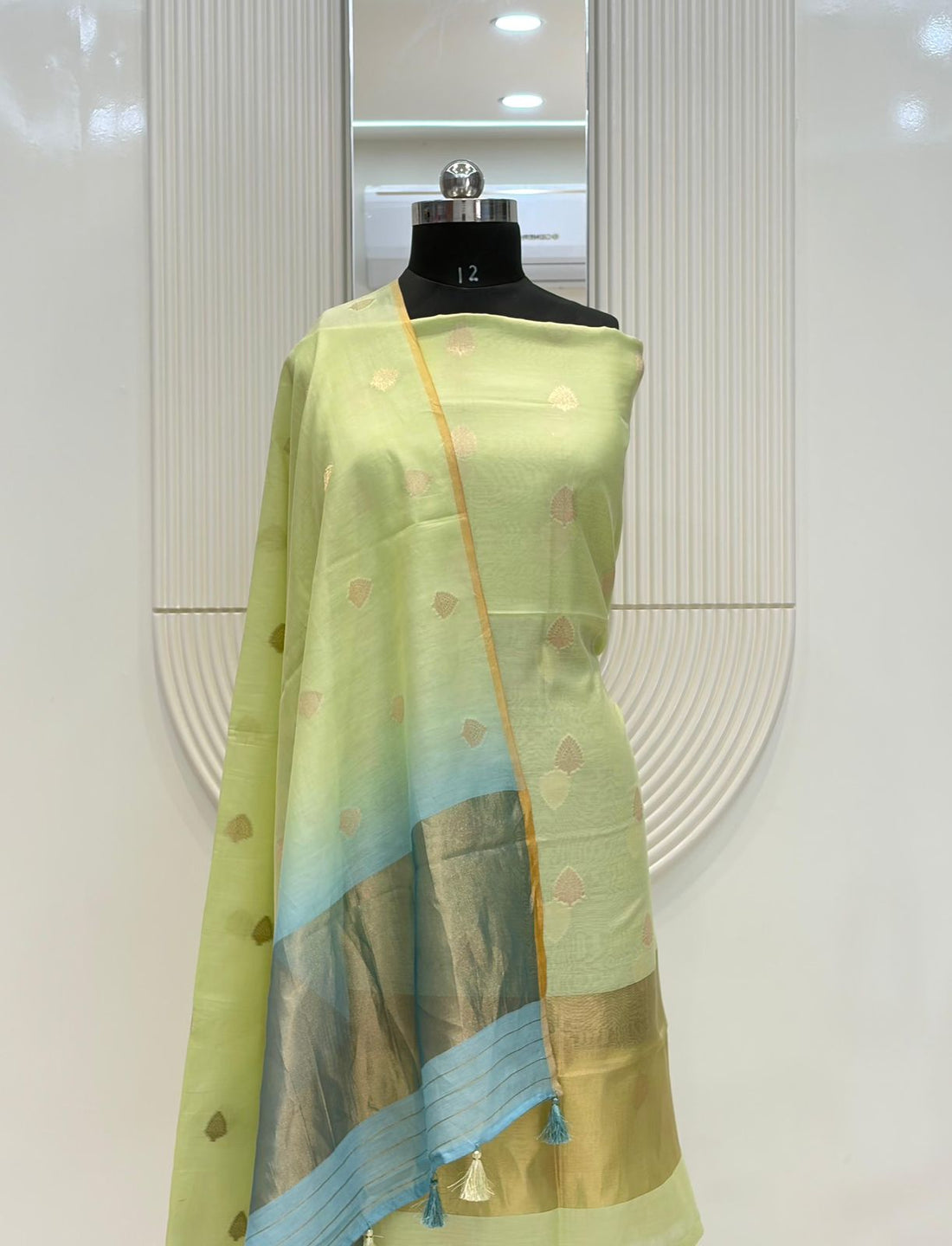 Light Green Pure Chanderi Silk Zari Buti Suit Fabric