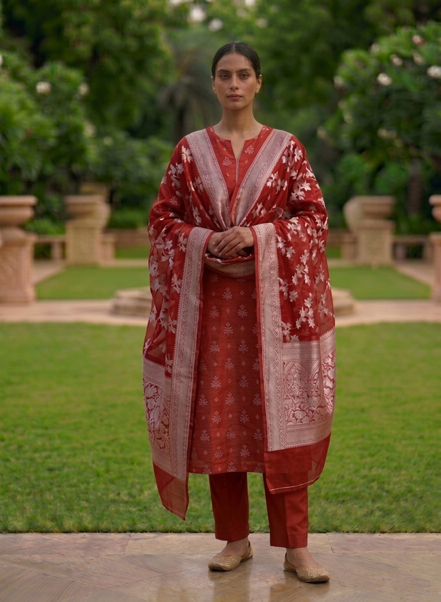 Red Banarasi Chiniya Silk Suit Set