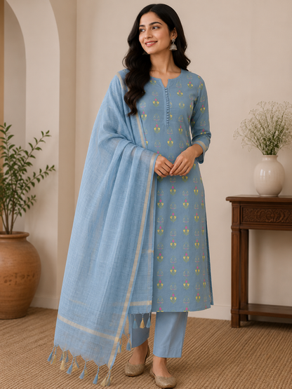 Gray Meenakari Banarasi Cotton Suit Set