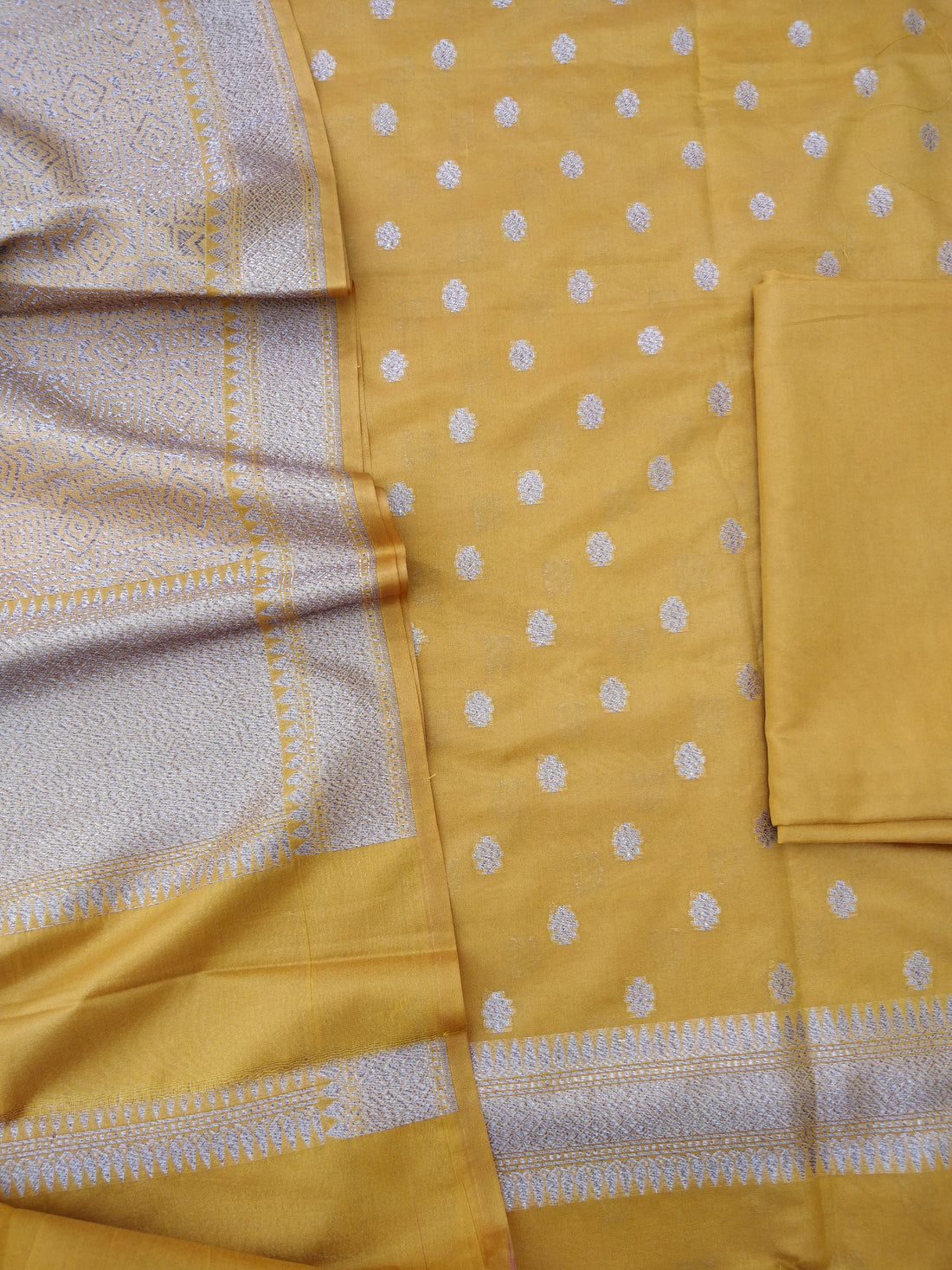 Mustard Yellow Cotton Silk Banarasi Unstitched Suit Set