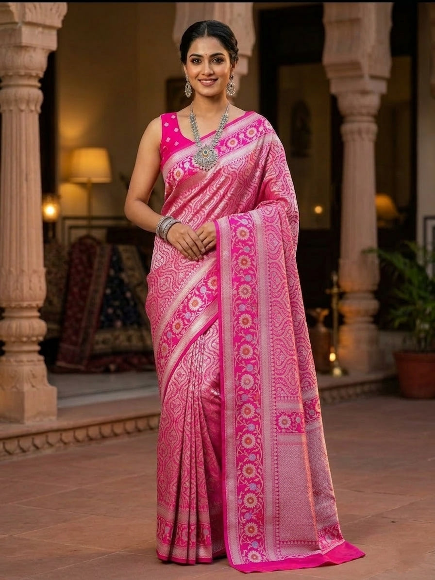 Light Pink Kataan Silk Meena Jangla Banarasi Saree