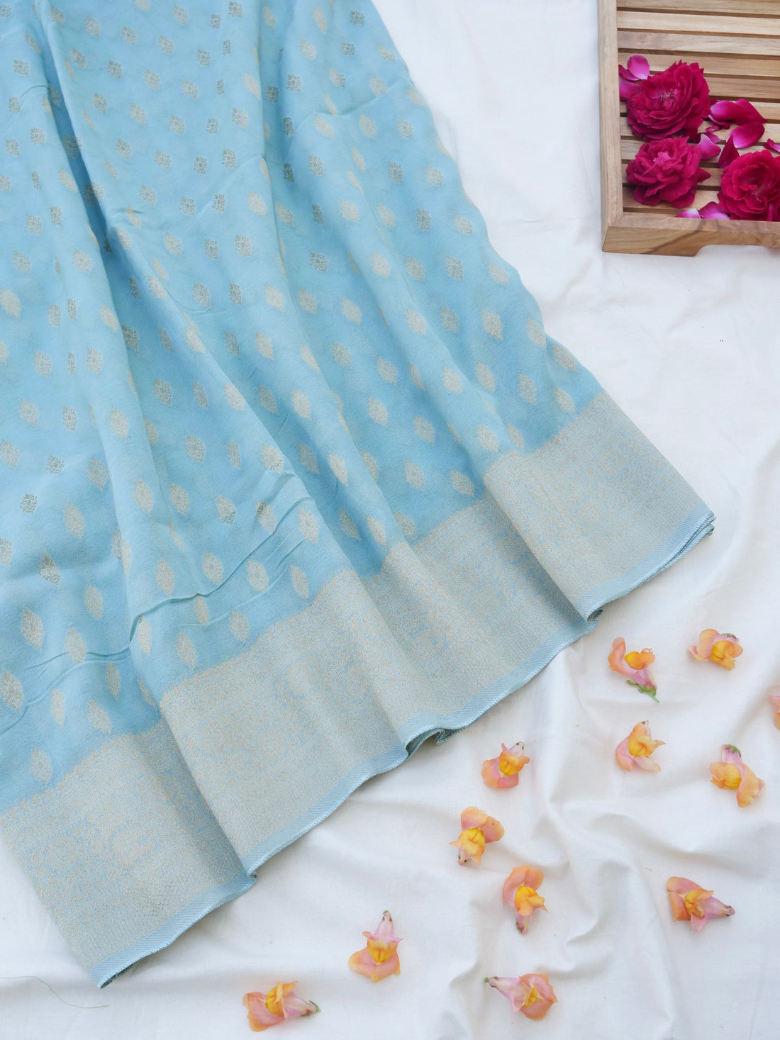 Sky Blue Georgette Silk Buti Banarasi Saree
