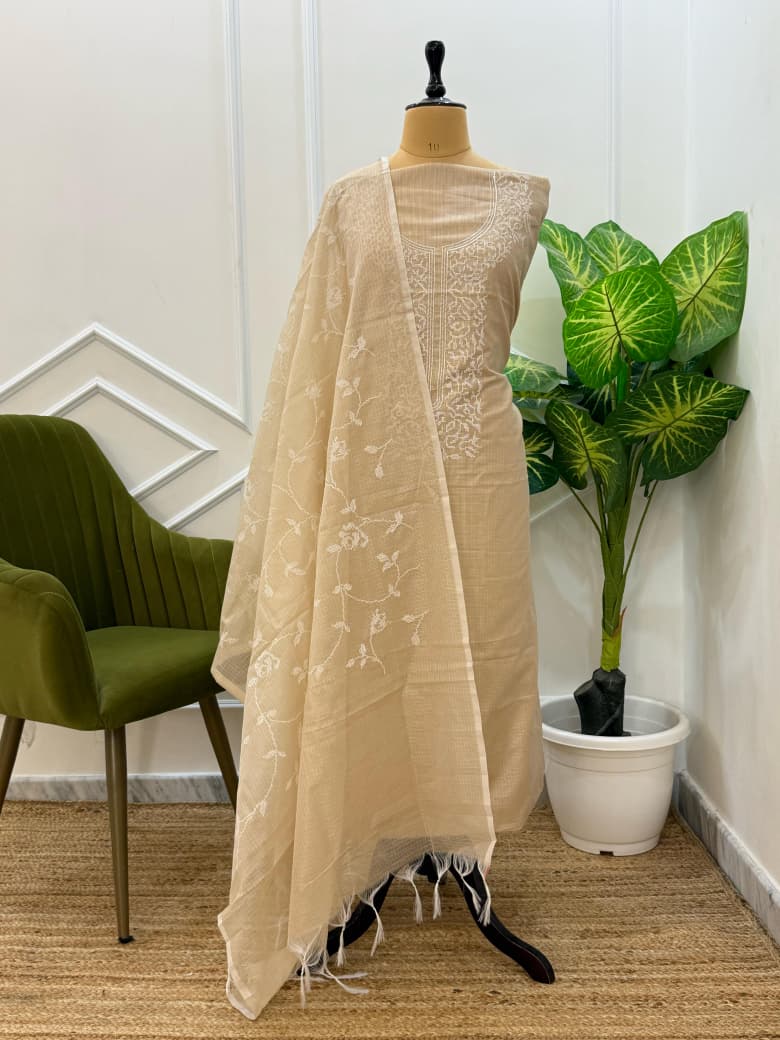 Beige Kota Silk Embroidered Unstitched Suit Fabric